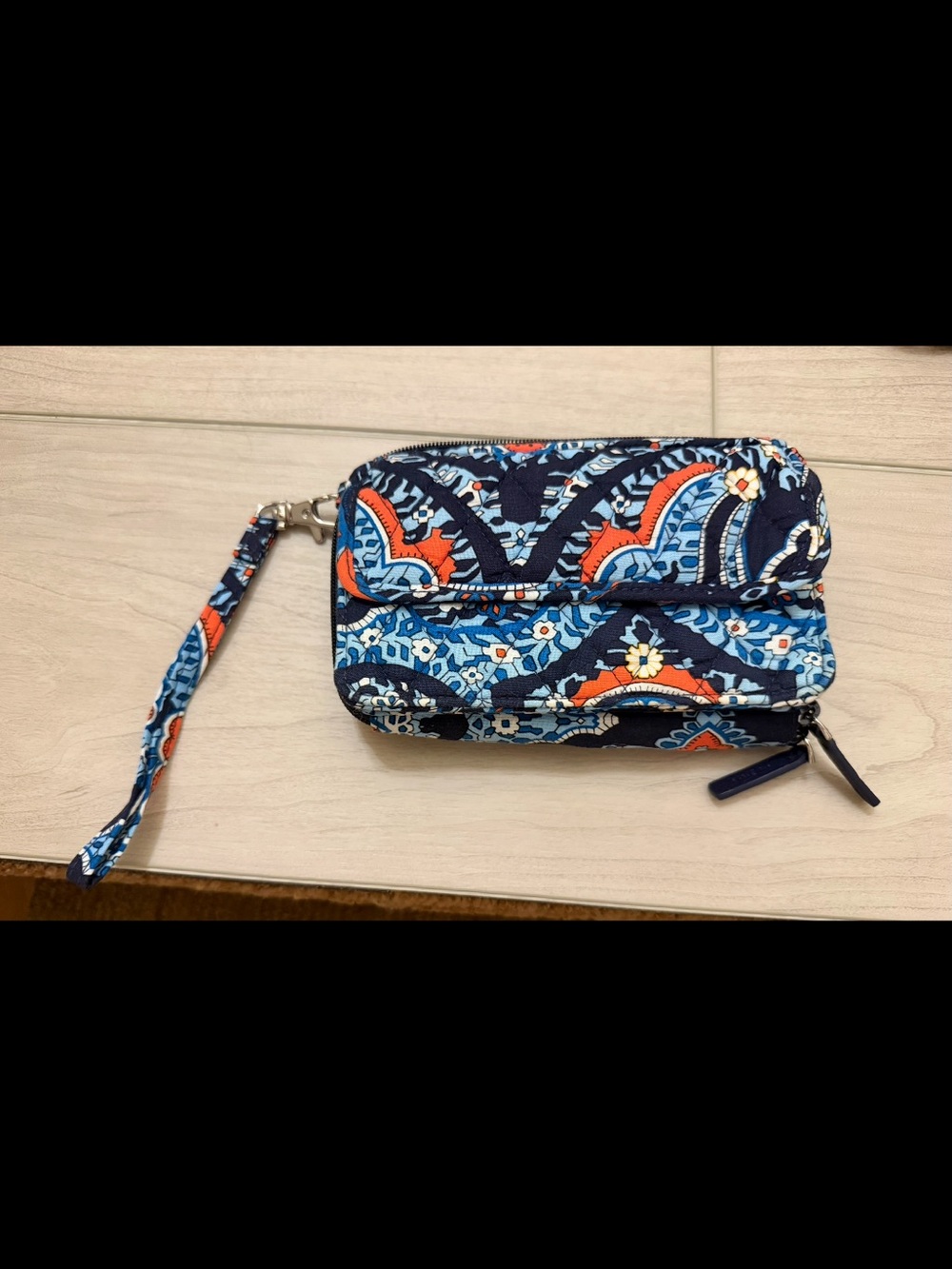 Vera Bradley Navy Quilted Wristlet Wallet with Blue and Orange Floral Print